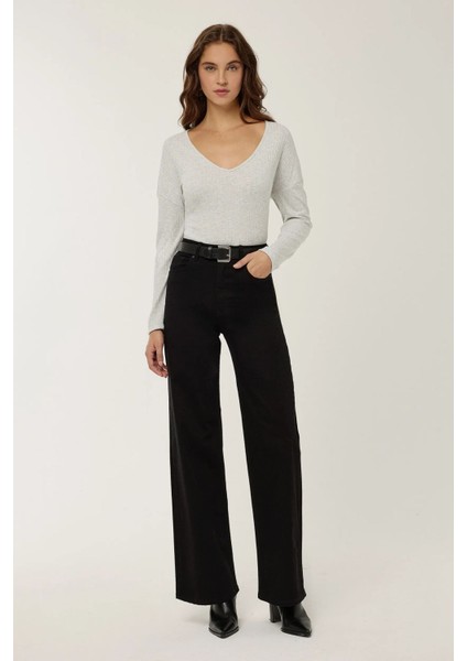 Kadın Dar Fit V Yaka Uzun Kollu Bluz Grey