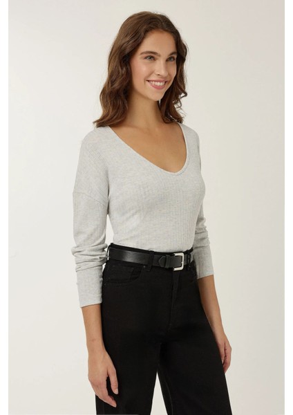 Kadın Dar Fit V Yaka Uzun Kollu Bluz Grey