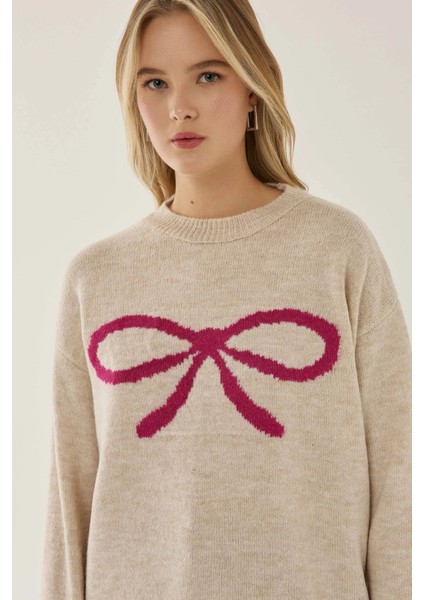 Kadın Fiyonk Desenli Relaxed Fit Triko Kazak Neon Pembe
