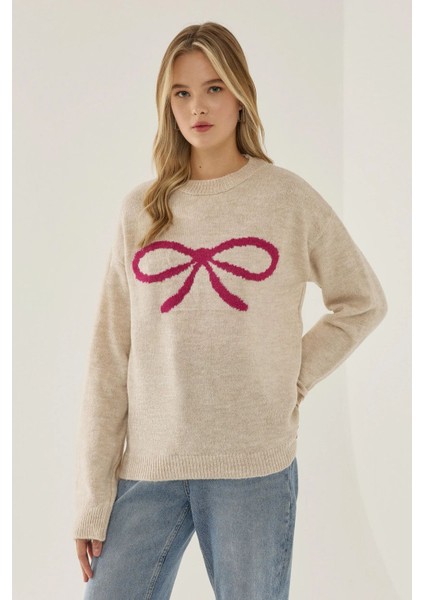 Kadın Fiyonk Desenli Relaxed Fit Triko Kazak Neon Pembe