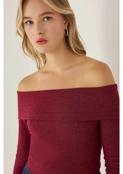 Kadın Off Shoulder Örme Üst Red