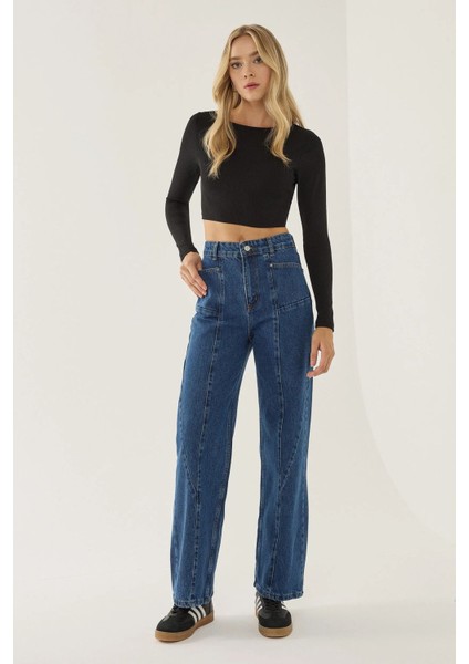 Kadın Dikiş Detaylı Wide Leg Kot Pantolon Maya Mavisi