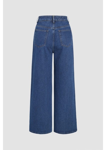 Kadın Dikiş Detaylı Wide Leg Kot Pantolon Maya Mavisi