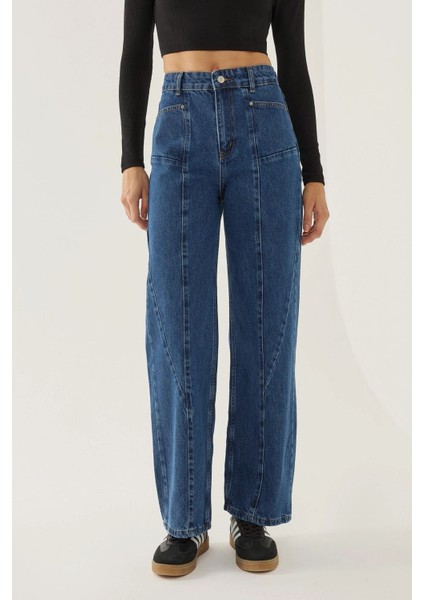 Kadın Dikiş Detaylı Wide Leg Kot Pantolon Maya Mavisi