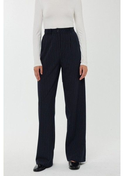Kadın Yüksek Bel Şeritli Düz Paça Pantolon Maya Mavisi