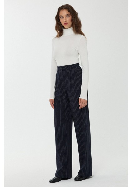 Kadın Yüksek Bel Şeritli Düz Paça Pantolon Maya Mavisi