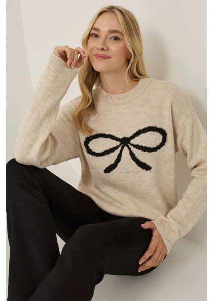 Kadın Fiyonk Desenli Relaxed Fit Triko Kazak Natural