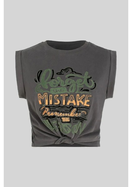 Kadın Baskılı Kısa Tişört Gri