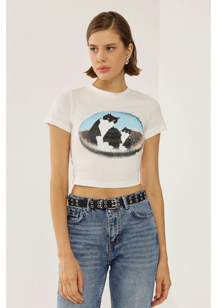 Kadın Baskılı Pamuklu Crop Tişört White
