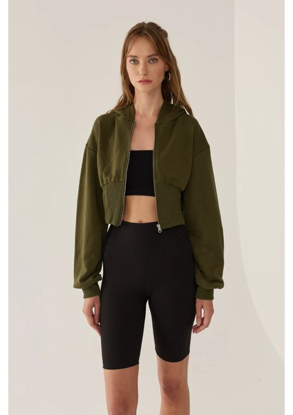 Kadın Zipperlı Slim Fit Kısa Hoodie Green