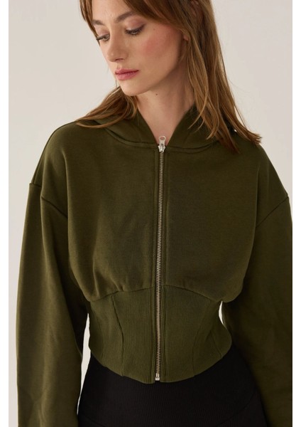 Kadın Zipperlı Slim Fit Kısa Hoodie Green