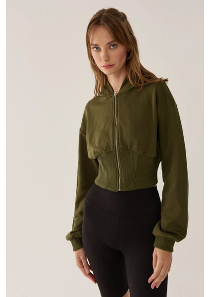 Kadın Zipperlı Slim Fit Kısa Hoodie Green