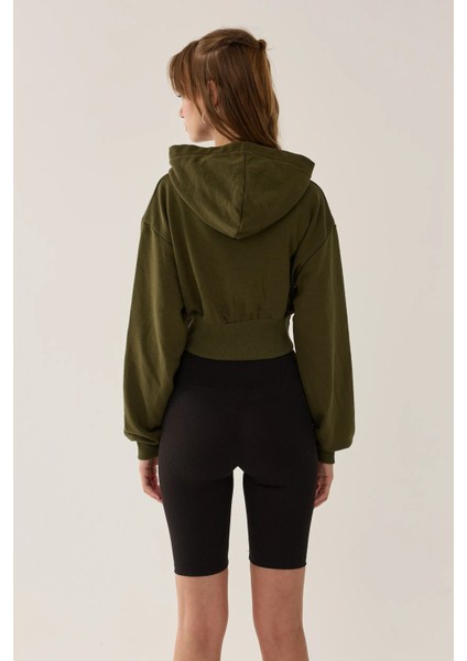 Kadın Zipperlı Slim Fit Kısa Hoodie Green