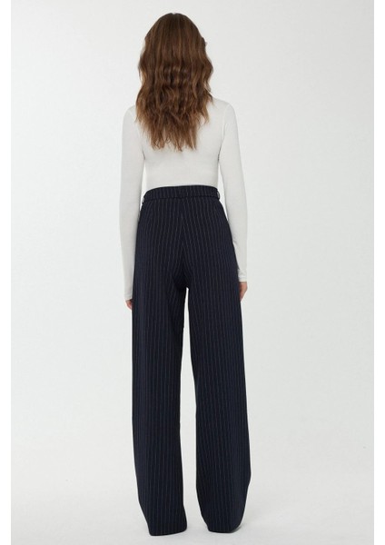 Kadın Yüksek Bel Şeritli Düz Paça Pantolon Maya Mavisi