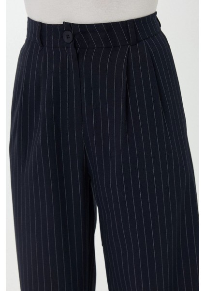 Kadın Yüksek Bel Şeritli Düz Paça Pantolon Maya Mavisi