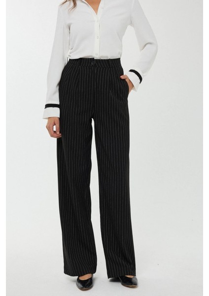 Kadın Yüksek Bel Şeritli Düz Paça Pantolon Black
