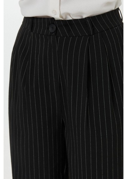 Kadın Yüksek Bel Şeritli Düz Paça Pantolon Black