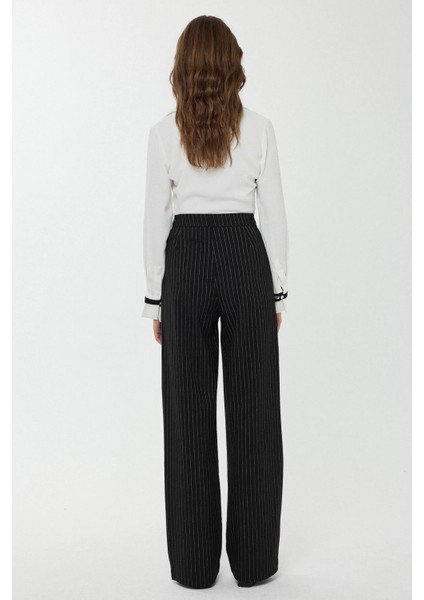 Kadın Yüksek Bel Şeritli Düz Paça Pantolon Black