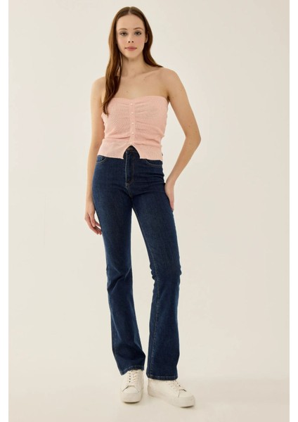 Kadın Straplez İnci Detaylı Triko Üst Pink