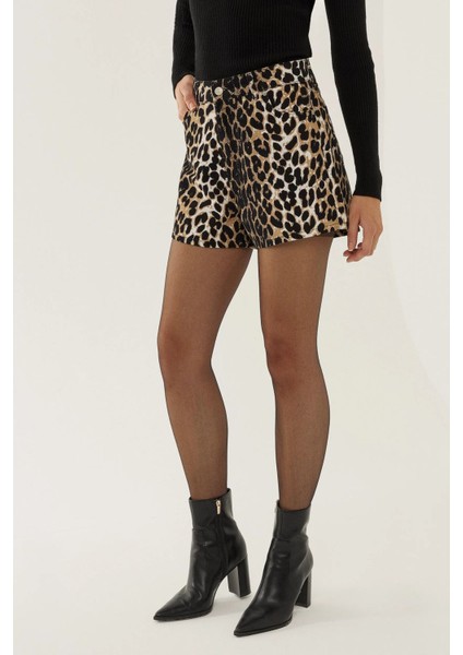 Kadın Leopar Desenli Jean Şort Multicolor