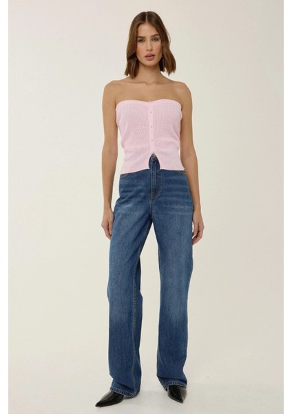 Kadın Straplez İnci Detaylı Triko Üst Pink