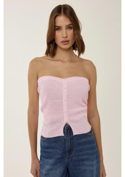 Kadın Straplez İnci Detaylı Triko Üst Pink