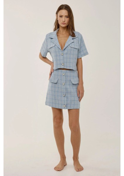 Kadın Düğme Detaylı Mini Tüvit Etek Maya Mavisi