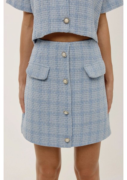 Kadın Düğme Detaylı Mini Tüvit Etek Maya Mavisi