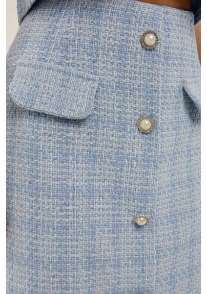 Kadın Düğme Detaylı Mini Tüvit Etek Maya Mavisi