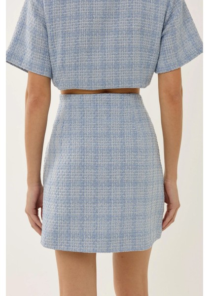 Kadın Düğme Detaylı Mini Tüvit Etek Maya Mavisi