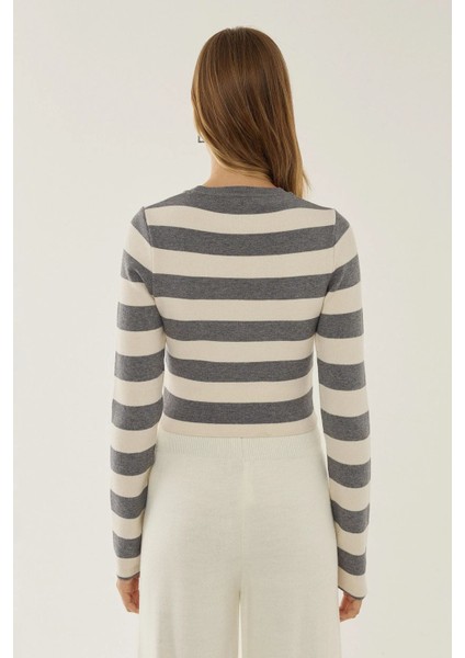 Kadın Çizgili Bisiklet Yaka Triko Üst Grey