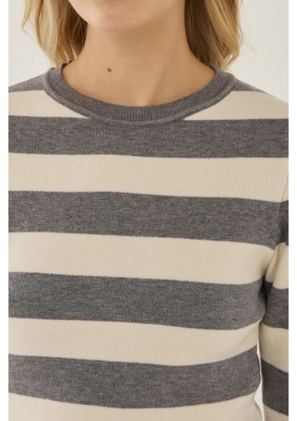 Kadın Çizgili Bisiklet Yaka Triko Üst Grey