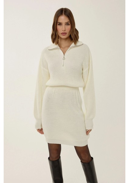 Kadın Bele Oturan Fermuar Yaka Fitilli Mini Triko Elbise Natural