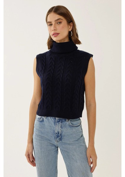 Kadın Saç Örgüsü Desenli Yüksek Yaka Örgü Süveter Kobalt Mavisi