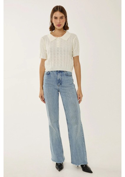 Kadın Saç Örgüsü Desenli Polo Yaka Triko Üst Natural