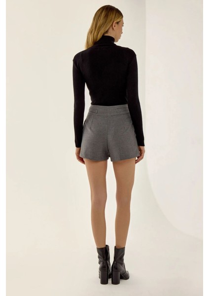 Kadın Toka Detaylı Pileli Mini Etek Grey