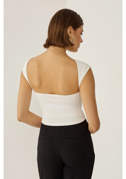 Kadın Sırtı Açık Crop Top Beyaz