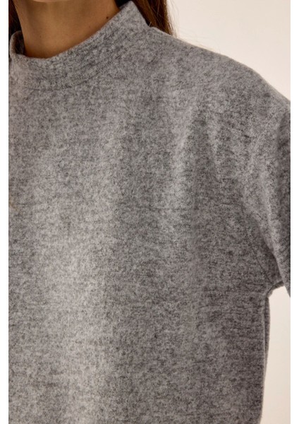 Kadın Relaxed Fit Yarım Yüksek Yaka Kısa Bluz Gri