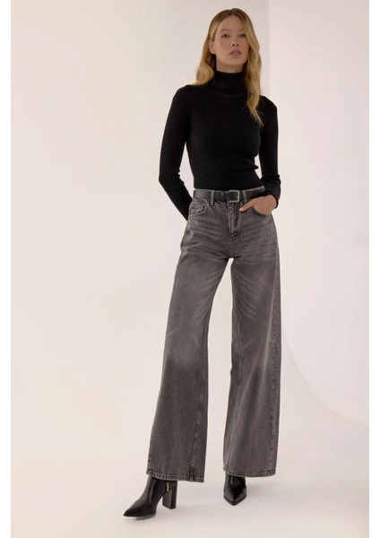 Kadın Yıkama Efektli Wide Leg Kot Pantolon Gri