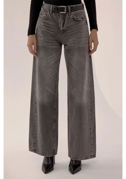 Kadın Yıkama Efektli Wide Leg Kot Pantolon Gri