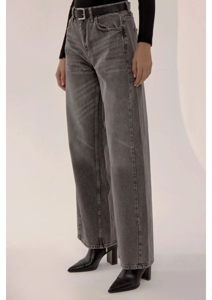 Kadın Yıkama Efektli Wide Leg Kot Pantolon Gri