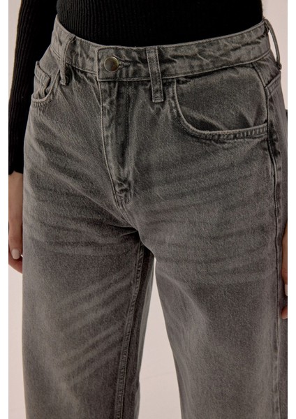 Kadın Yıkama Efektli Wide Leg Kot Pantolon Gri