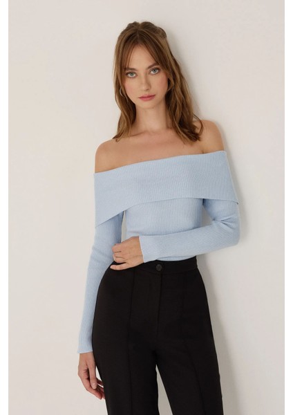 Kadın Omuz Açık Madonna Yaka Triko Üst Maya Mavisi