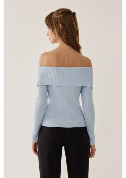 Kadın Omuz Açık Madonna Yaka Triko Üst Maya Mavisi