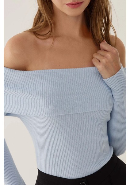 Kadın Omuz Açık Madonna Yaka Triko Üst Maya Mavisi