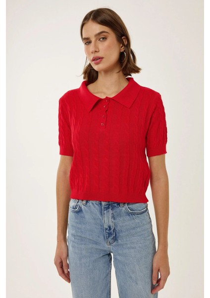 Kadın Saç Örgüsü Desenli Polo Yaka Triko Üst Red