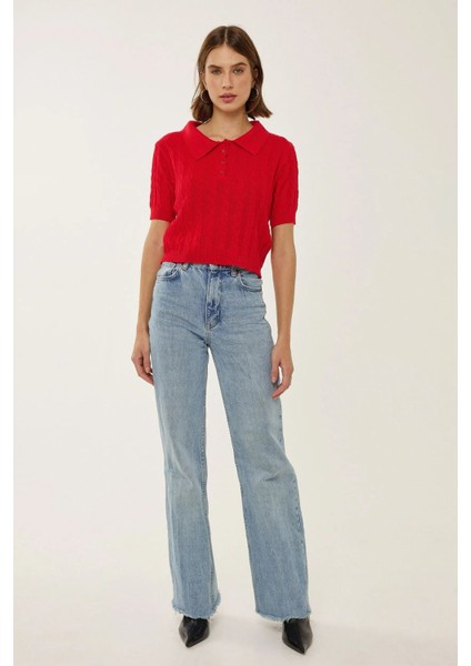 Kadın Saç Örgüsü Desenli Polo Yaka Triko Üst Red