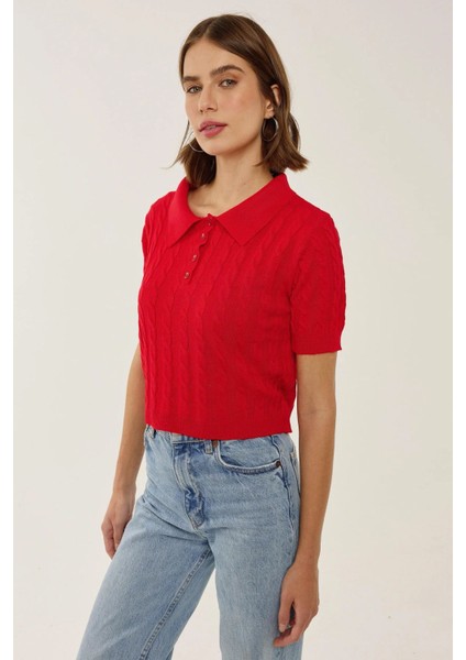 Kadın Saç Örgüsü Desenli Polo Yaka Triko Üst Red