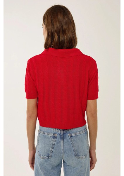 Kadın Saç Örgüsü Desenli Polo Yaka Triko Üst Red