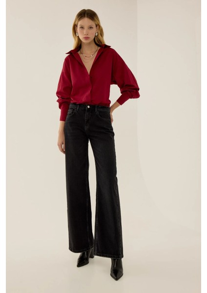 Kadın Yıkama Efektli Dikiş Detaylı Wide Leg Kot Pantolon Black